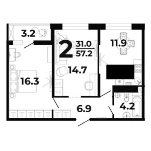 2 комнатная 57.2м²