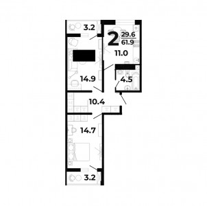 2 комнатная 61.9м²