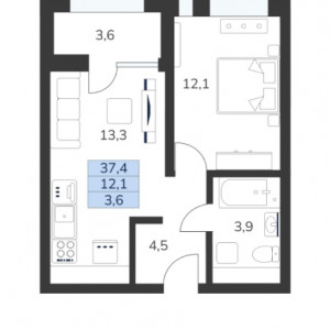 1 комнатная 37.4м²