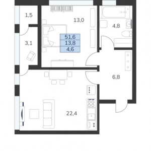 1 комнатная 51.6м²