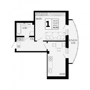 1 комнатная 50.3м²