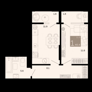 1 комнатная 40.4м²