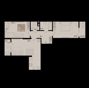 2 комнатная 74.6м²