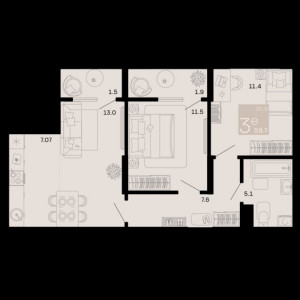 3 комнатная 59.7м²