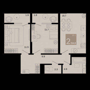 2 комнатная 59.8м²