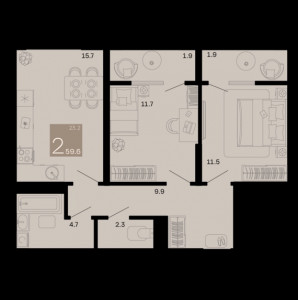 2 комнатная 59.6м²