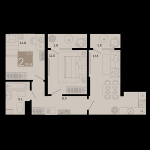 2 комнатная 57.4м²