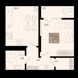 1 комнатная 36.1м²