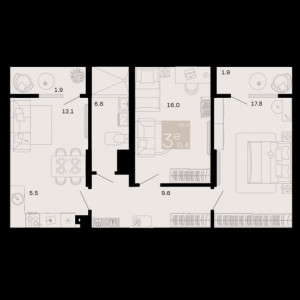 3 комнатная 71.4м²