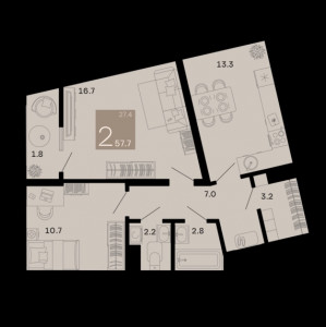 2 комнатная 57.7м²