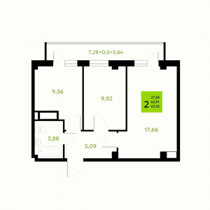 2 комнатная 49.55м²