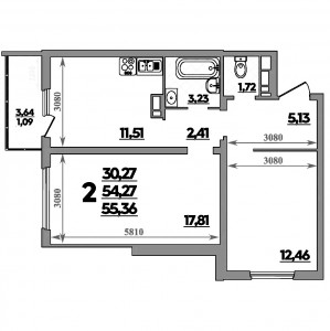 2 комнатная 55.36м²