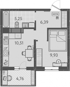 1 комнатная 33.51м²