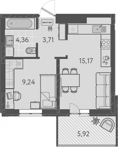 1 комнатная 34.26м²