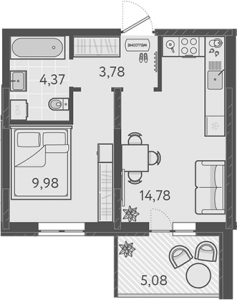 1 комнатная 34.43м²