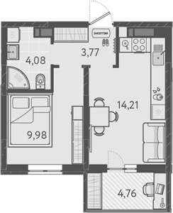 1 комнатная 34.47м²