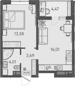 1 комнатная 39.53м²